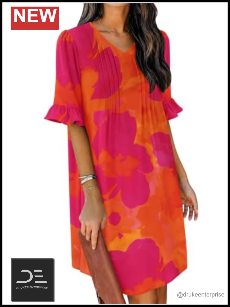 V-Neck Ruffled Short Sleeve Mini Dress Lightweight Polyester Casual Summer Dress